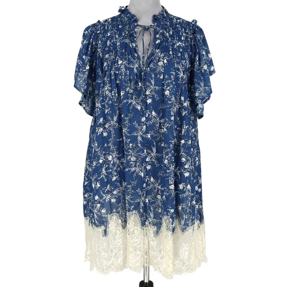 Free People Dress Womens XS Blue Floral Ditzy Ivory Lace Hem Babydoll Cotton